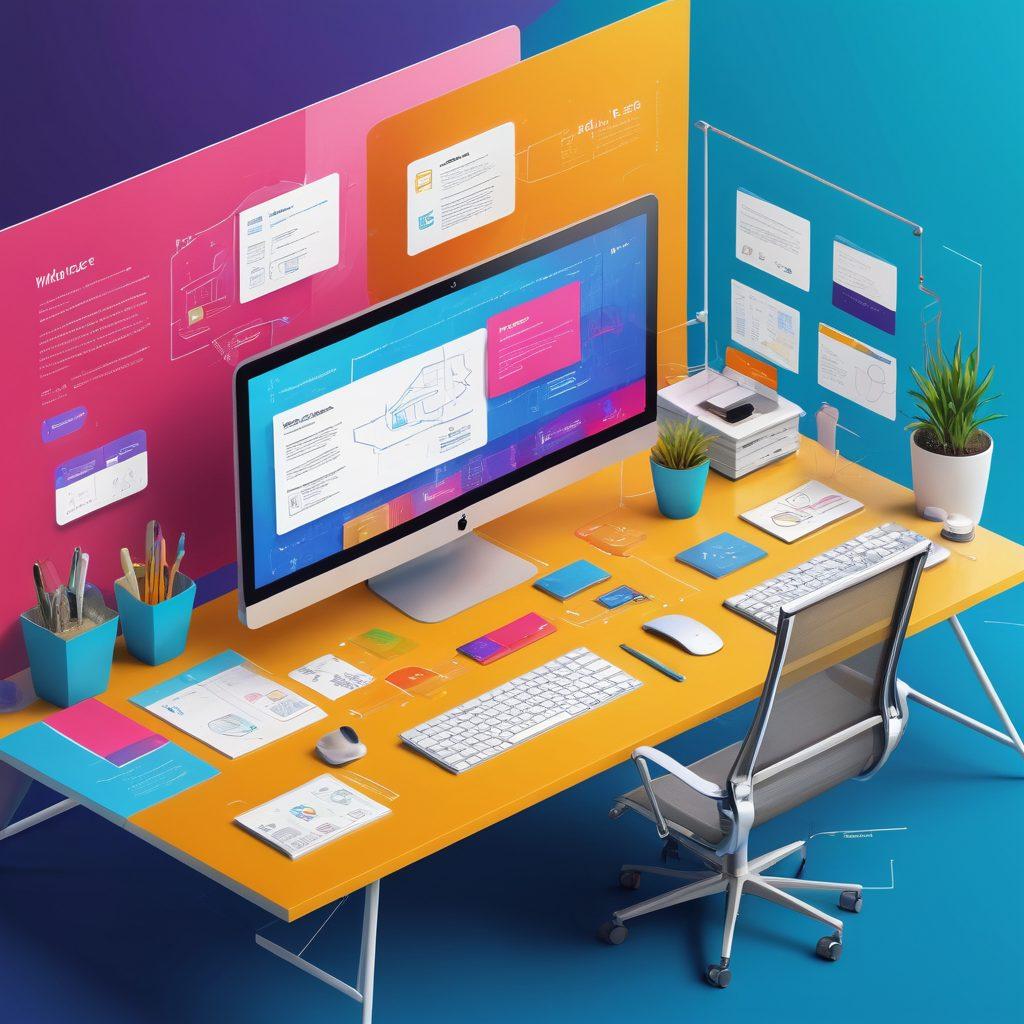 A visually dynamic layout showcasing a digital workspace filled with interactive web design elements, featuring colorful UI components connected by vibrant jsPlumb lines. Include a computer screen displaying code, blueprints, and a designer brainstorming wireframes. The background should be a blend of tech-inspired graphics and vibrant colors that represent creativity and innovation. super-realistic. vibrant colors. 3D.