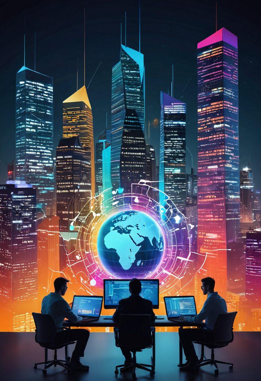 A dynamic scene depicting a diverse group of developers collaborating around a computer, showcasing an array of open source JavaScript frameworks on their screens. Include visual elements like colorful code snippets, user interface designs, and framework logos swirling around them, symbolizing innovation and creativity. The background should feature a futuristic cityscape, representing the digital world, infused with vibrant colors. super-realistic. vibrant colors. 3D.