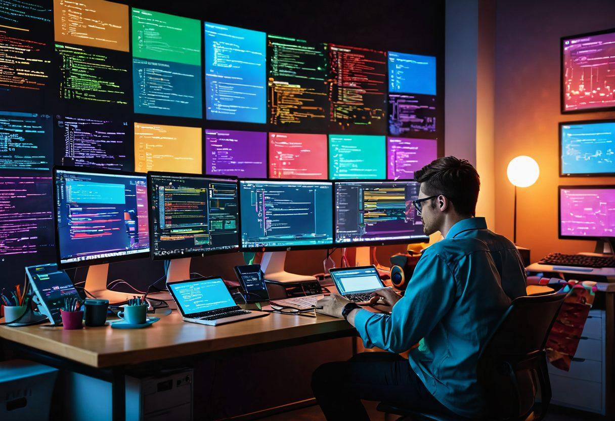 A dynamic scene showcasing a collage of coding elements, including JavaScript code snippets, colorful flowcharts, and interactive web elements. A person sitting in front of a computer is engaged in creative coding, with vibrant colors illuminating the workspace. In the background, abstract representations of front-end development processes and frameworks. super-realistic. vibrant colors. tech-themed.